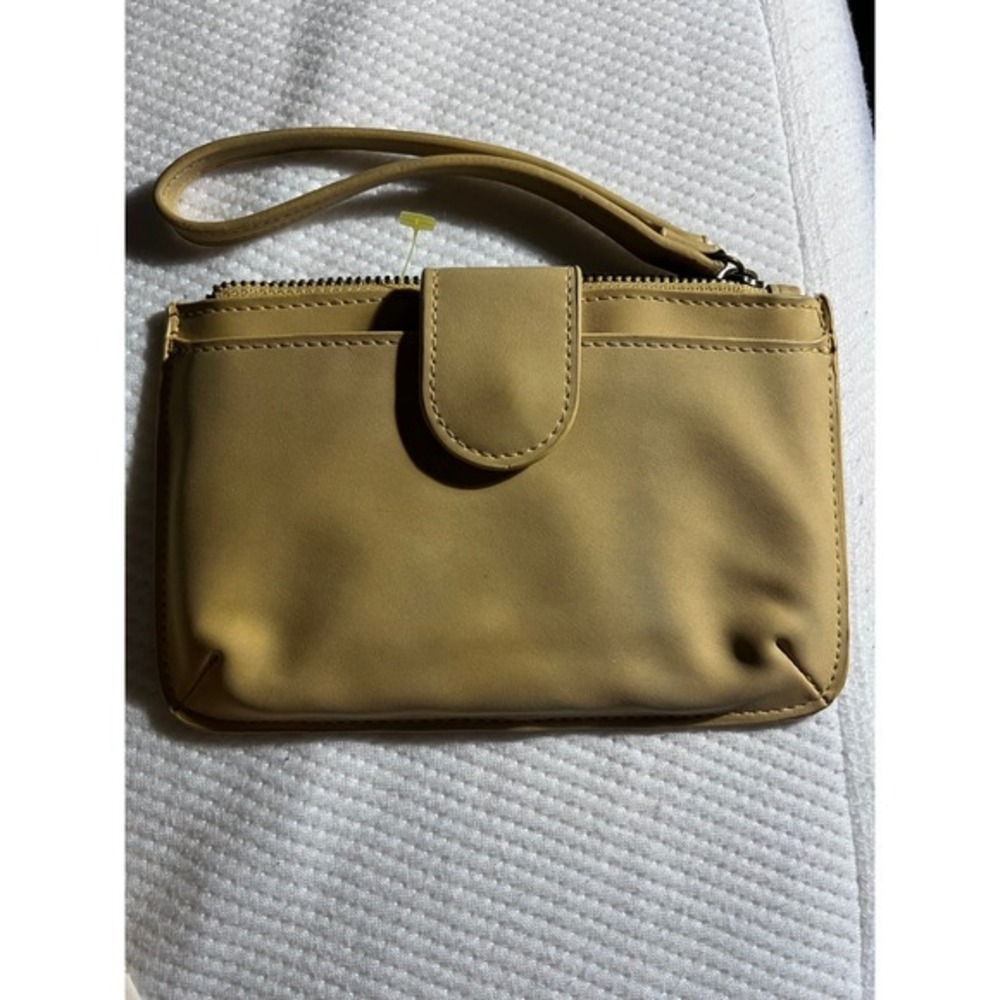 Tan Beige Minimalist Wristlet Clutch Bag with Front Snap Pocket and Zip Closure